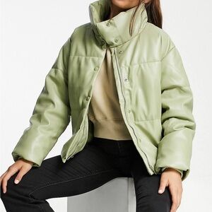 ASOS Stradivarius faux leather padded puffer jacket in light khaki